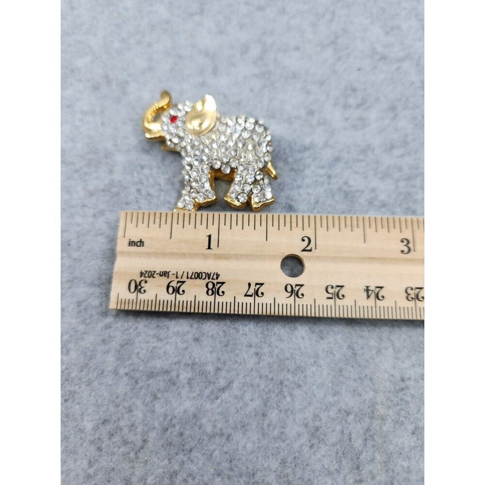 Vintage Gold-Tone Elephant Brooch Pin With Rhinestones & Red Eye Accent - Picture 3 of 4